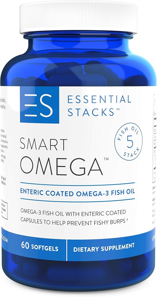 Essential Stacks Smart Omega 3 - Burpless Fish Oil - 1400 mg EPA DHA Per servering, Enterisk belagt (60 kapsler)