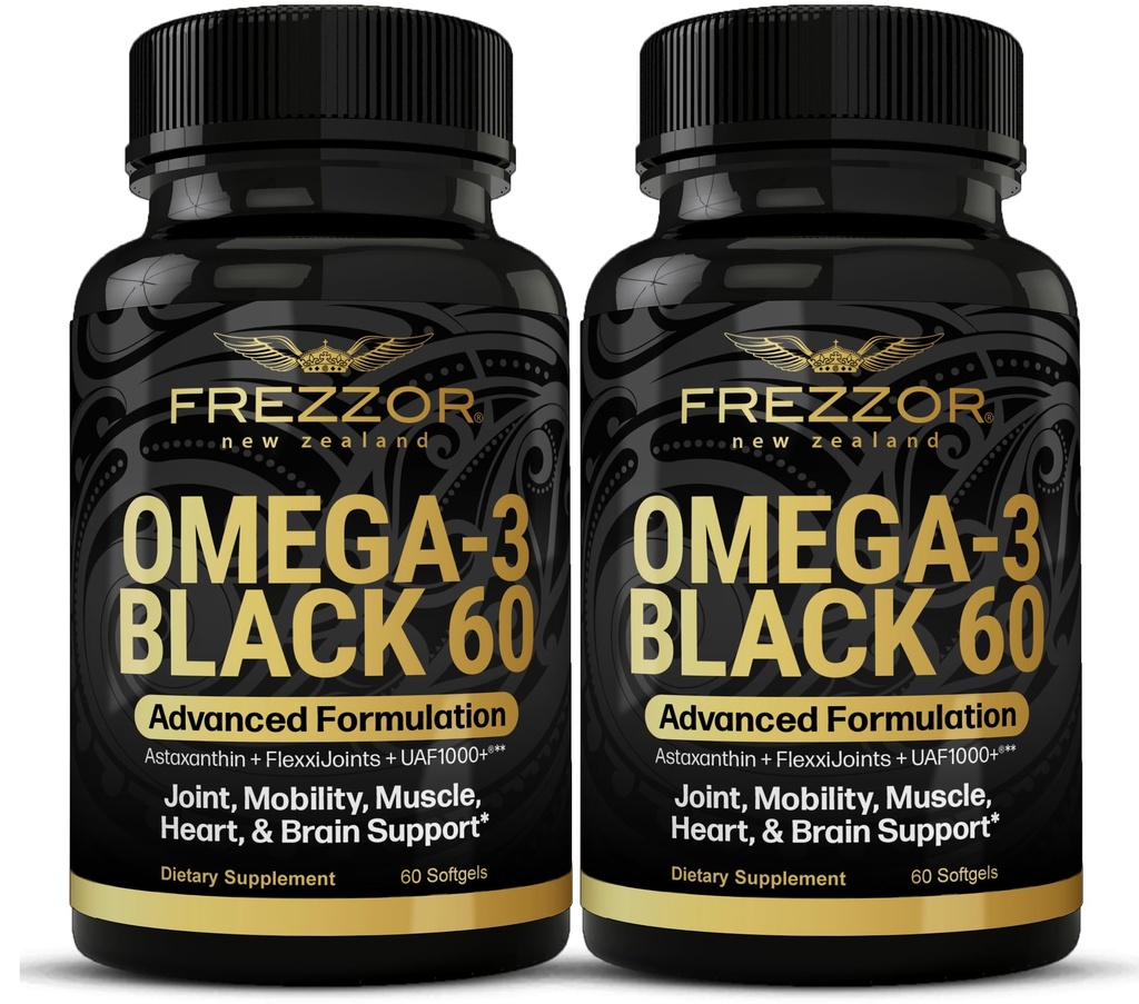 FREZZOR Omega 3 Svart for felles omsorg & komfort - New Zealand Grønn Lipped Mussel oljekapsler; 53x høyere styrke med UAF1000+ Super Antioksidant, Ingen fiskende Ettersmak, 60 greve (pakke med 2)
