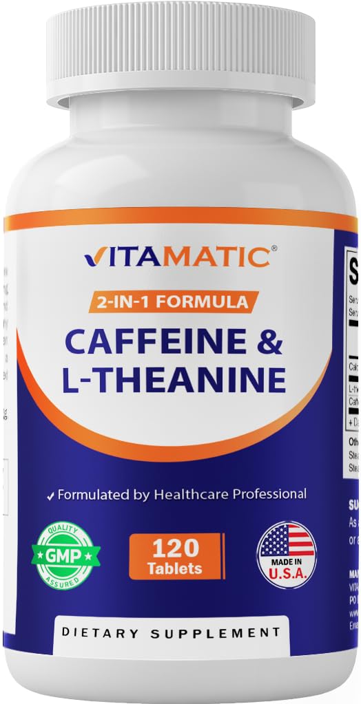 Vitamatic L-Theanine 200 mg med koffein 100 mg – 120 vegetariske tabletter Nootropic Supplement for fokusert energi og mental klarhet
