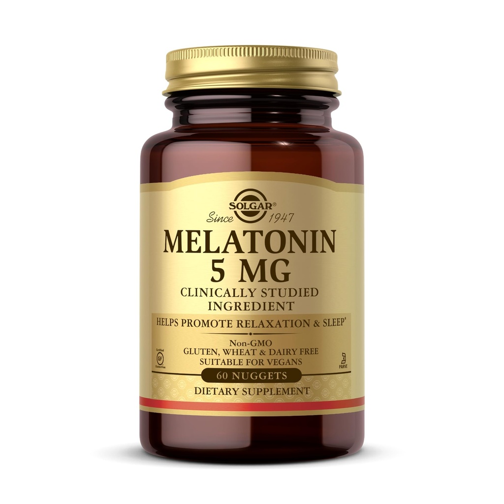Solgar Melatonin 5 mg, 60 Nuggets - Hjelper fremme avslapning og hvile - klinisk studert Melatonin - Vegan, Glutenfri, Dairy Free, Kosher - 60 Services