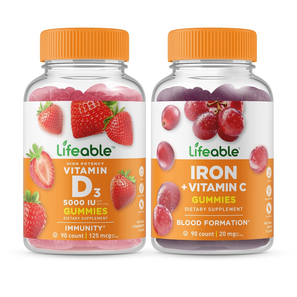 Livbar vitamin D 5000 IU + jern med vitamin C, Gummies Bundle - Great Tasting, vitamin Supplement, Glutenfri, GMO Gratis, Chewable Gummy