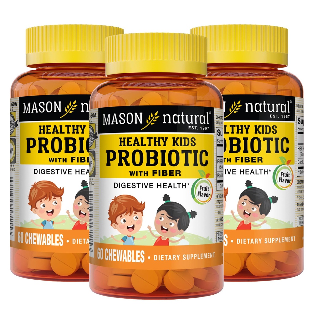 MASON NATURAL Sunn Kids Probiotic with Fiber - Sunn Digestive Function, Forbedret Gut Helse, 60 Chewables (pakke med 3)