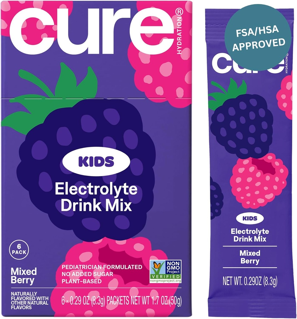 Cure Hydration - Kids Electrolyte Drink Mix | Plantebaserte Pediatrician Formulert Rehydrering | Ingen tilsatt sukker, FSA-HSA, Ikke-GMO, Glutenfri, Ingen kunstige Flavors | Box med 6 pakker - Blandet Berry