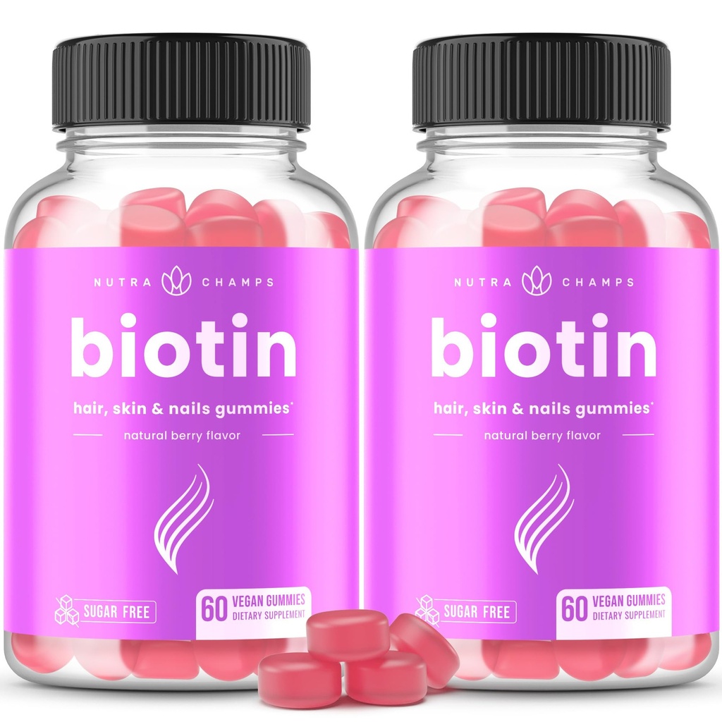 NutraChamps Sukker Gratis Biotin Gummies 10000mcg [høy styrke] - Sunt hår, hud og negler for kvinner, menn og barn - 5000mcg i hver gummy - Vegan hår helse vitaminer Supplement - bringebær (2-Pack)