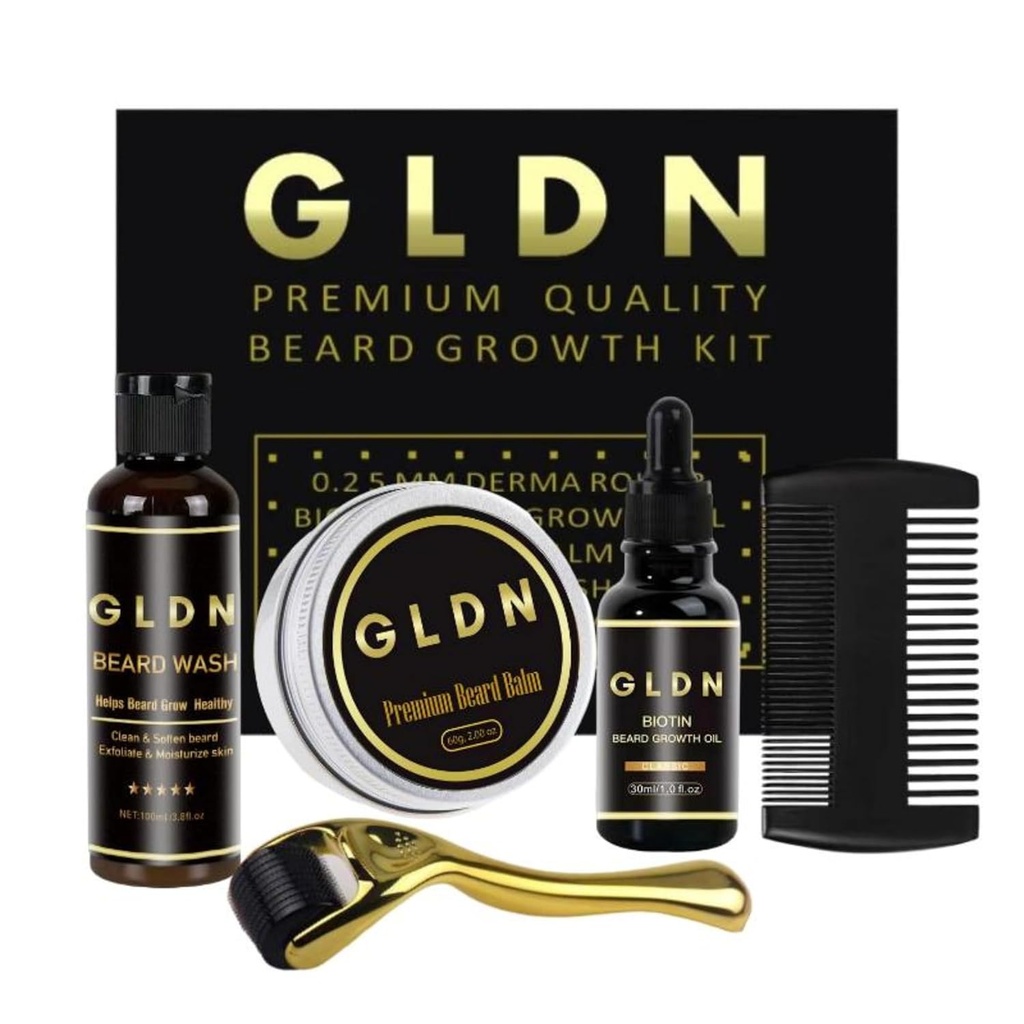 GLDN Beard Kit Inkluderer Skjegg Olje, Skjegg Serum, Skjegg Comb & Skjegg Derma Roller