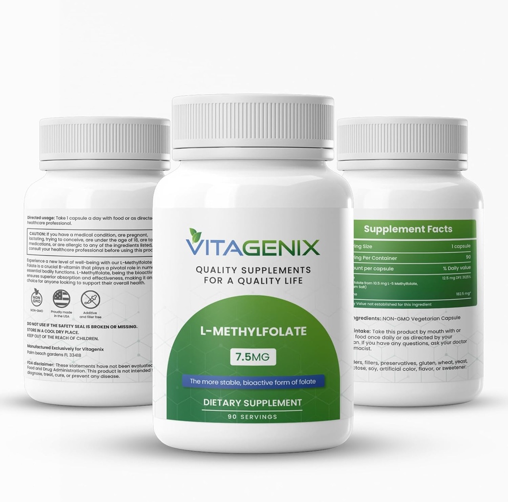 L-metylfolat - Optimert og høyt bioaktivt Metyl Folat Supplement for Mood & Immune Support - Profesjonell styrke aktiv 5-MHF Form - 1 mg - Kapsler (7,5 mg)