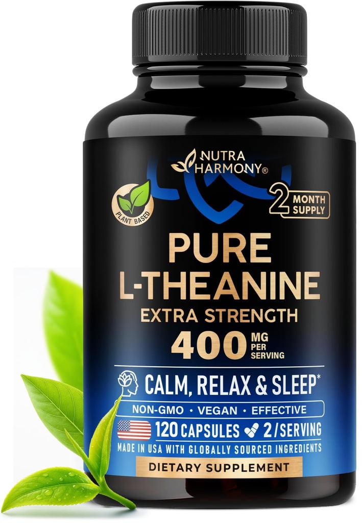 L Theanine 400 mg L-Theanine Stress Relief | Ekstra styrke kosttilskudd i USA | Avslapping, søvn og rolig støtte | For menn og kvinner | Plante Basert, Ikke-GMO & Glutenfri | 120 Vegankapsler