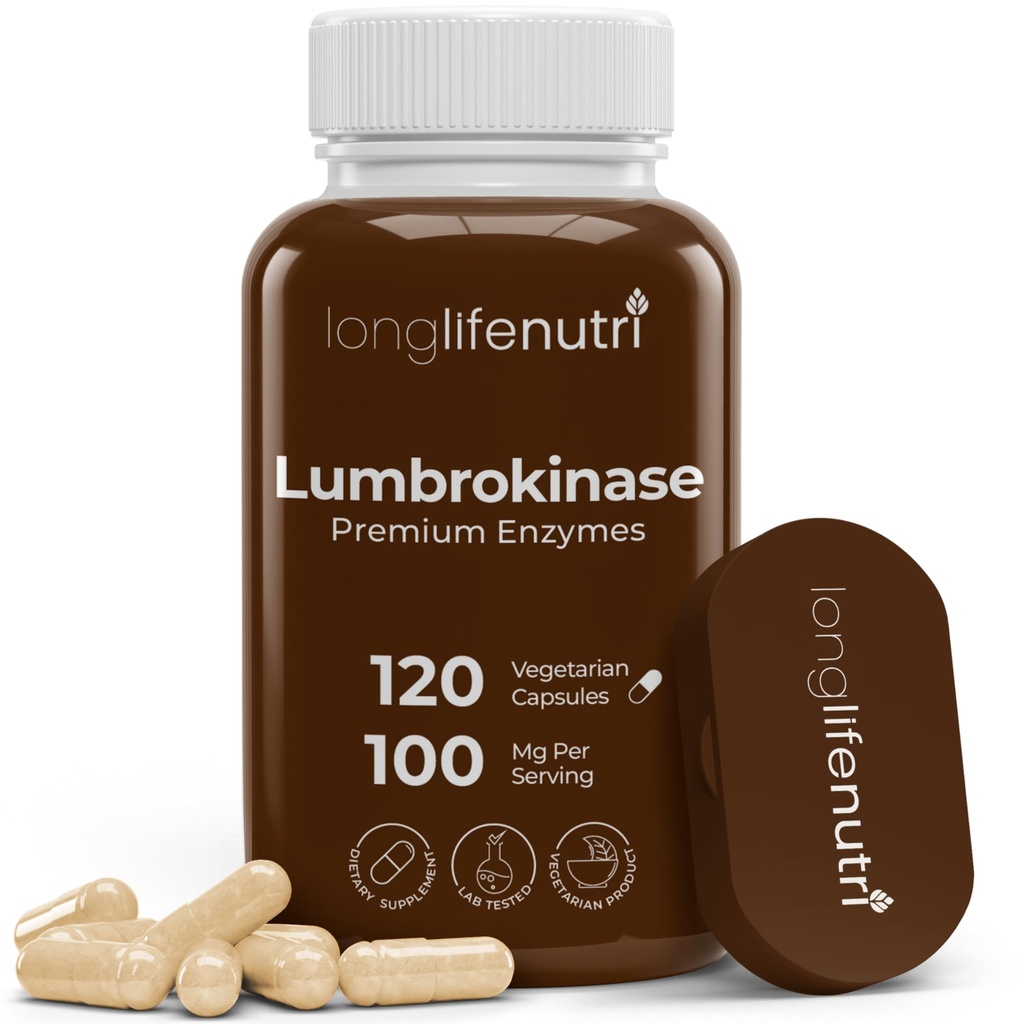 LongLifeNutri Lumbrokinase 100mg - Maksimal aktivitet 2.000.000 enheter per servering, 120 vegetariske kapsler, 2-måneders forsyning, naturlig enzym Supplement for sirkulerende helse, Lab testet, laget i USA
