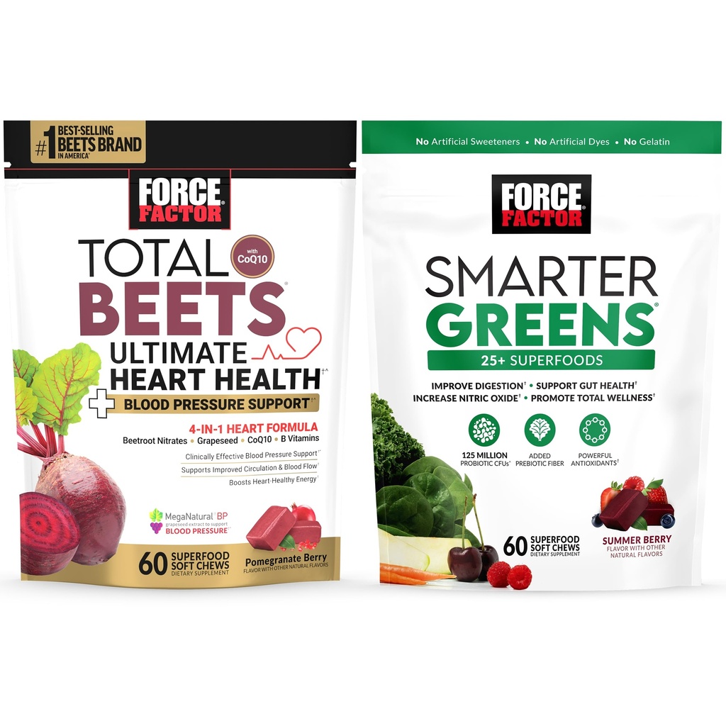 Bundle of Force Factor Total Beets Ultimate Heart Helse Blood Pressure Support Chews med CoQ10, 60 myk Chews + Smartere Grønn Superfood Chews, å støtte Digestion, 60 Myke Chews
