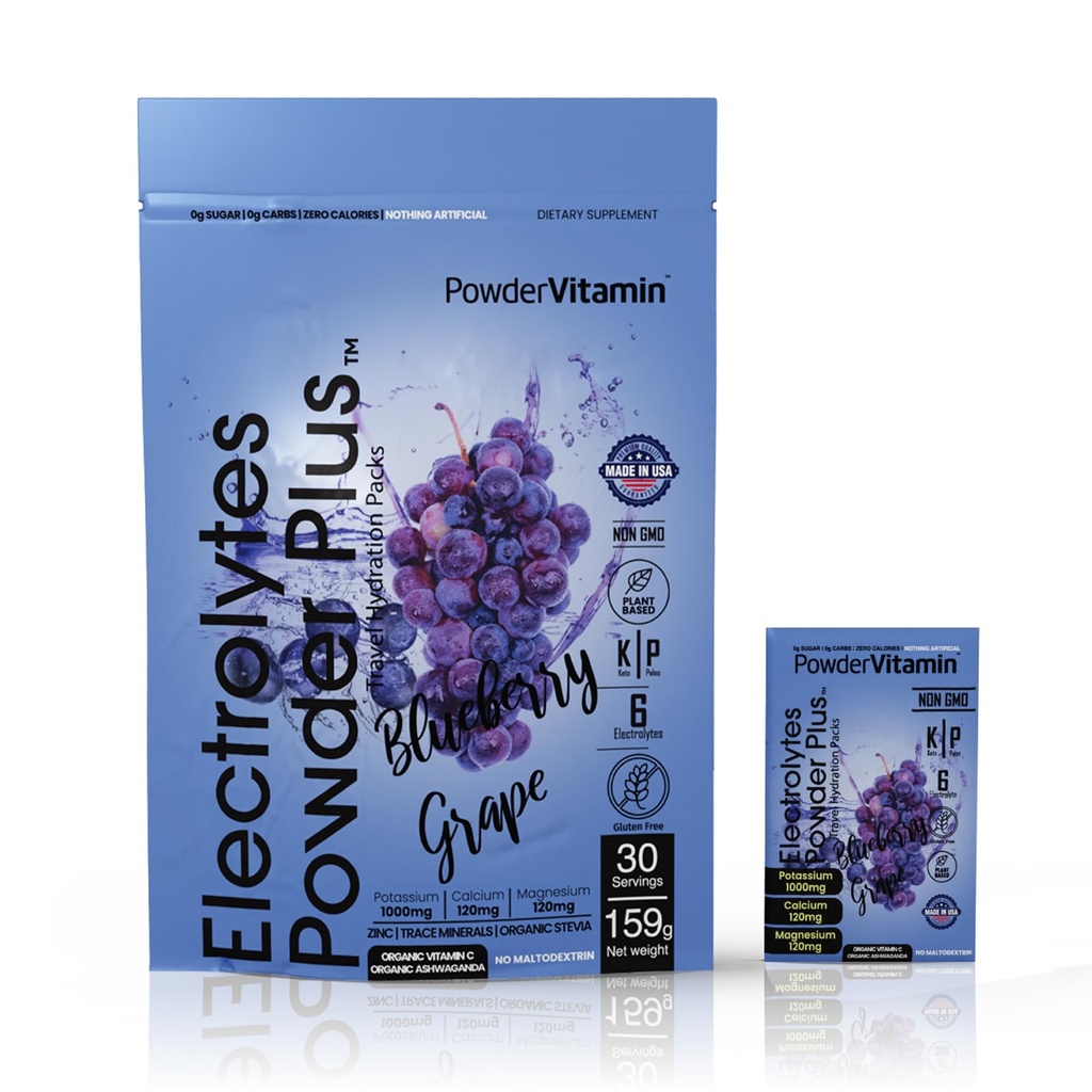 PowderVitamin Electrolytes pulver Plus, keto, blåbærkorn, null sukker, 1000 mg kalium, 120 mg kalsium, 120 mg magnesium, ikke-GMO, null kalorier, 30 Hydration Packets
