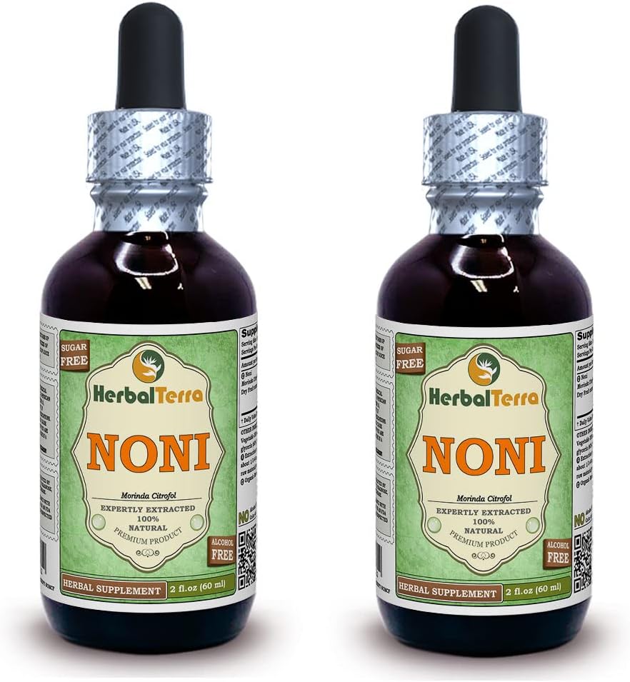 Noni (Morinda Citrofol) Glyceritt, økologisk tørkede frukter alkoholfri flytende ekstrakt (merkenavn: HerbalTerra, stolt laget i USA) 2x2 fl.oz (2x60 ml)