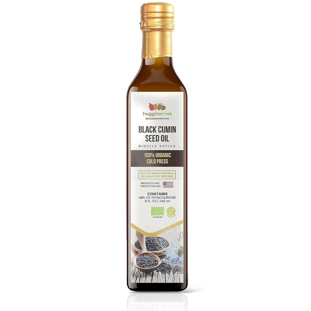 Huggibær økologisk svart frø olje væske - glas flaske- Glutenfri olje for Salads, Dips, kjoler, grønnsaker - kalde presset tyrkisk cumin, rik på Thymoquinon immunitet Supplement - 8 fl.oz./250ml