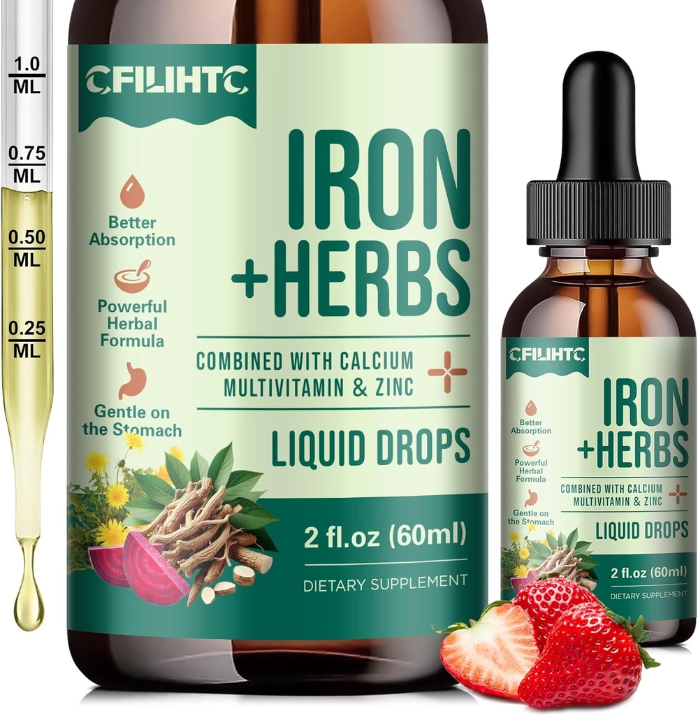 Væske jern Supplement for kvinner, menn, jerndråper med kvinners helse urt blanding, kalsium, sink & multivitamin - støtte blodbuilder, hud, energi, immunforsvar for jernmangel, anemi, vegan 2 fl Oz