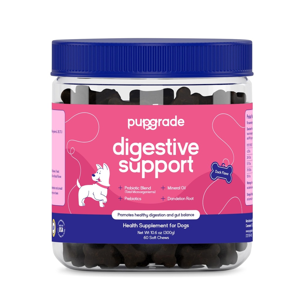 PupGrade Digestiv støtte Chews for hunder - Prebiotic and Probiotic Supplement med Enzyme Blend - Upset Mage, Diarrea, Bowell og Immune Support - Pumpkin, Blåbær, Mineral olje - 60 Myke Chews