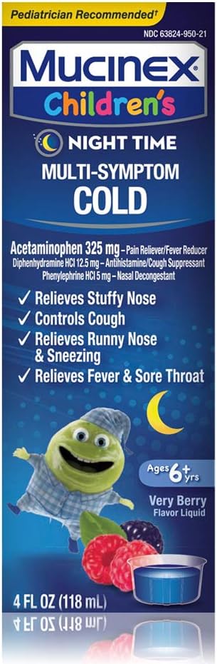 Kulde, Cough, og feber, Mucinex barn multi-symptom, natttid kaldt flytende, blandet Berry, 4oz, reduserer feber, kontroller Cough, lindrer Stuffy Nese