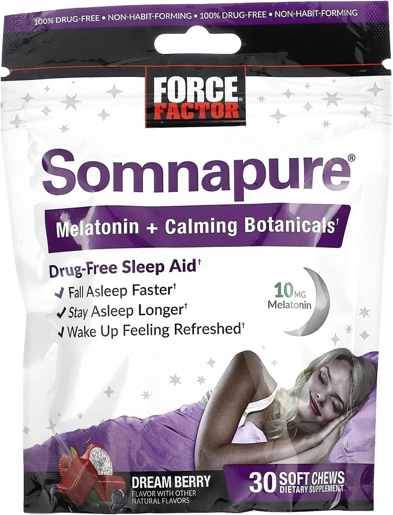 FORCE FACTOR Somnapure Myke Chews med 10 mg Melatonin, L-Theanine, Kamille, Lemon Balm, Drømme Berry Flavor, 30 myk Chews