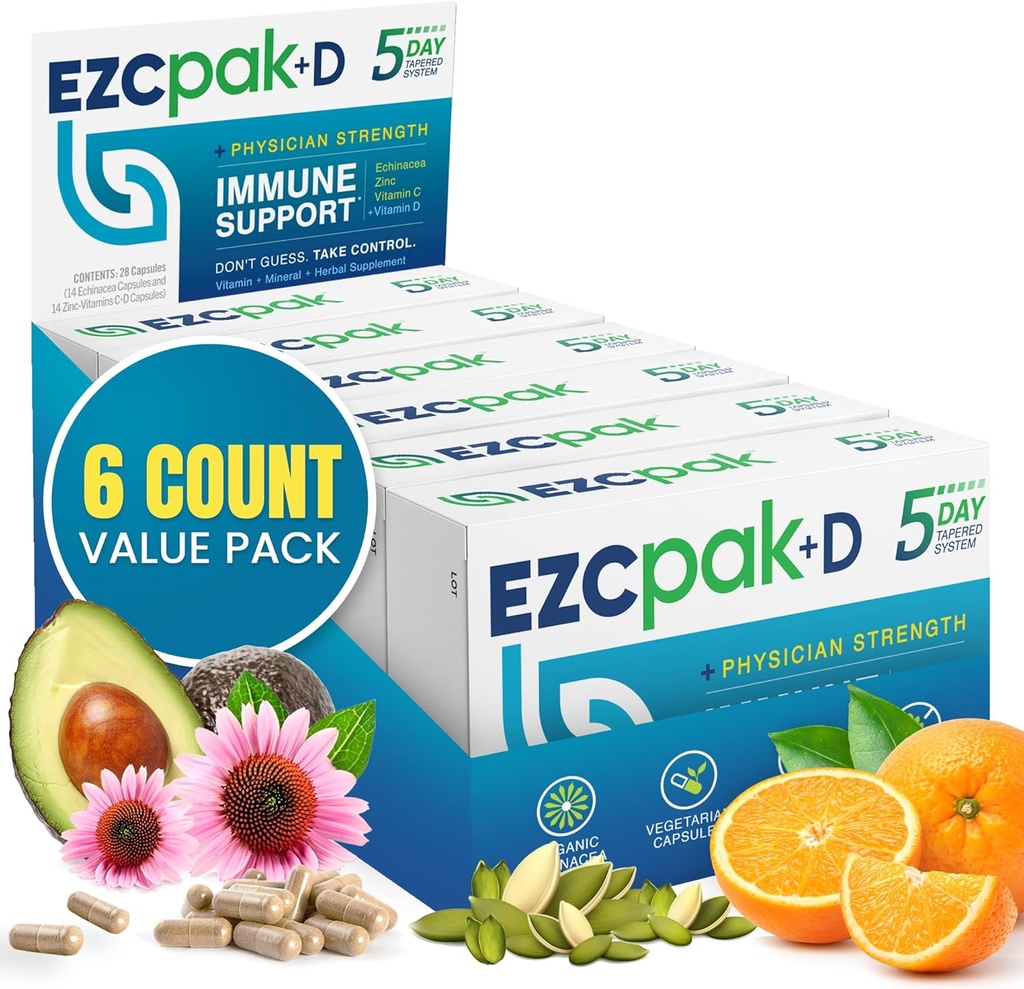 EZC Pak 5-dagers immunsystem Booster med Echinacea, vitamin C, sink & vitamin D - Tapered Immune Support Supplement for voksne - støtter immunitet, enkel reise-størrelse Supplement Pack - (Pack of 6)