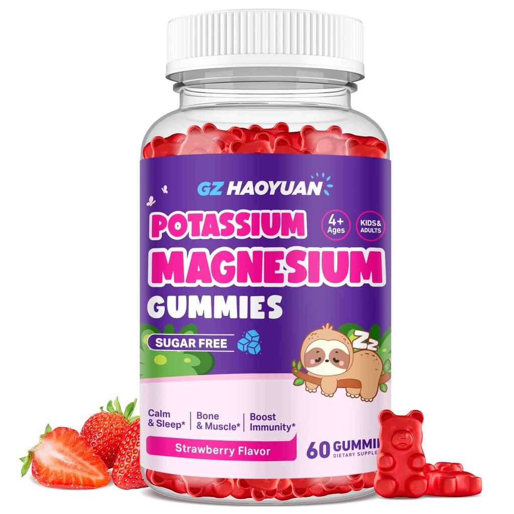Magnesium Gummier for barn - Magnesium Glycinat Gummier med vitamin D3, B6, Kalium og Ashwagandha, Magnesium for barn og voksne Avslapning, søvn, hjerne og bein helse -Vegan Jordbær 60ct