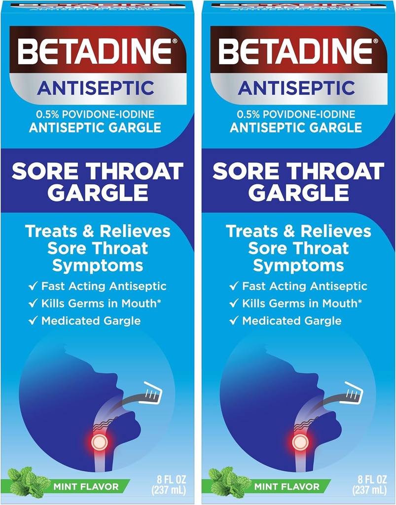 Betadin Sore Throat Relief Gargle, Mint Flavor, hurtigvirkende antiseptisk, Povidon-Iodine 0,5%, 8 oz (Pack of 2)