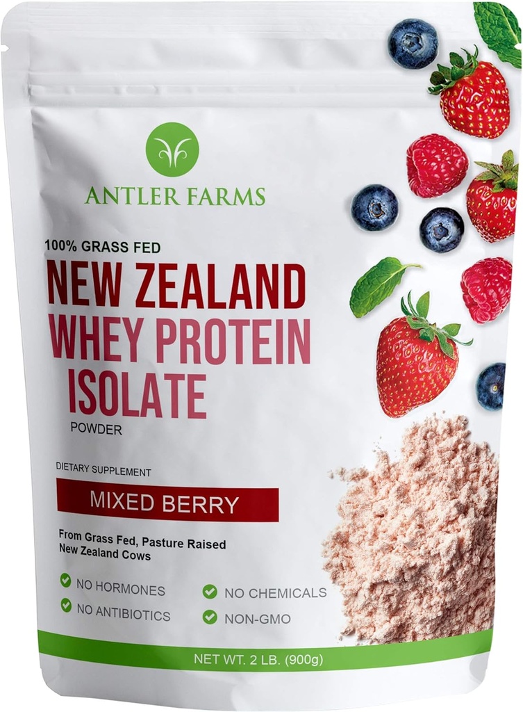 Antler Farms - 100% Grass Fed New Zealand Whey Protein Isolate, Blandet Berry Flavor, 30 Serveringer, 2 lbs - Delicious, Kald prosessert, Raskt absorbert, Keto Vennlig, NO-Hormoner, NO-GMOs