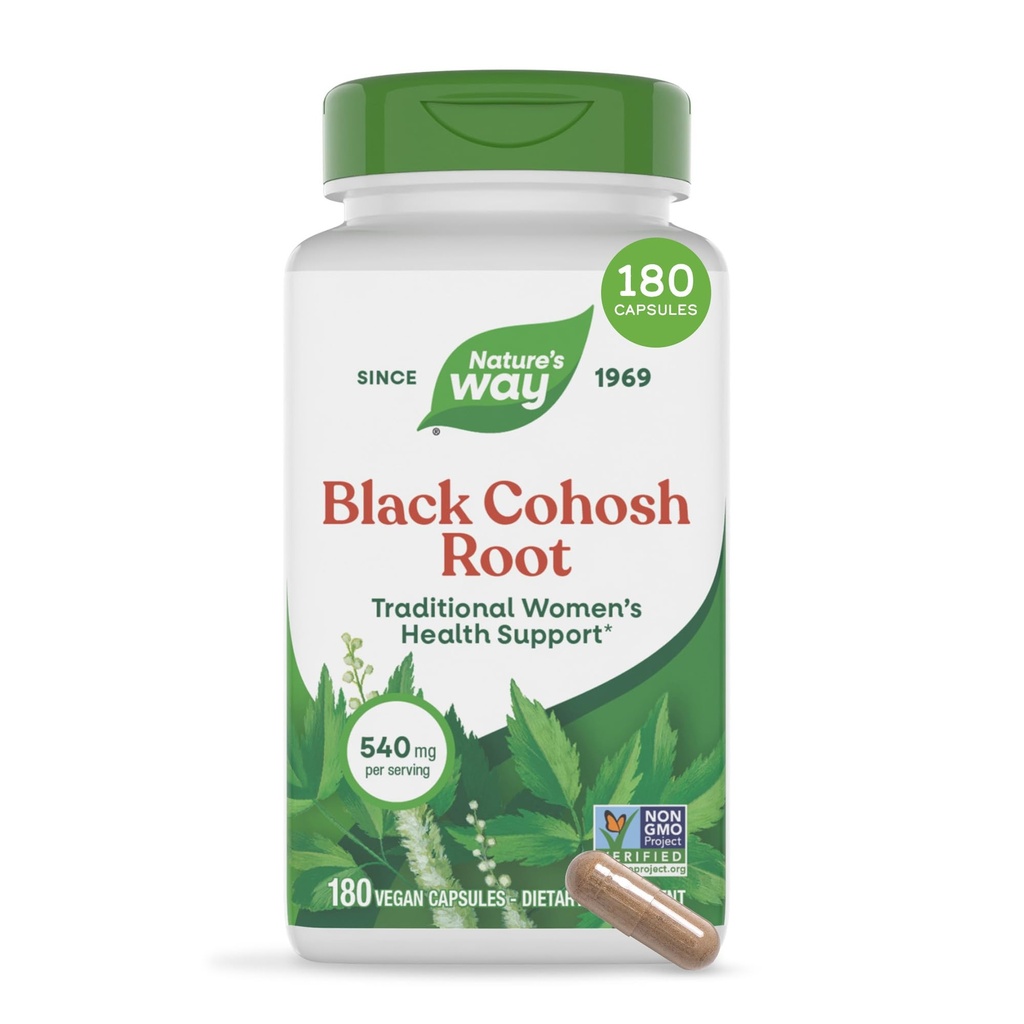 Naturens vei svart cohosh rot, tradisjonell støtte for kvinners helse*, 540 mg per servering, ikke-GMO prosjekt verifisert, 180 kapsler