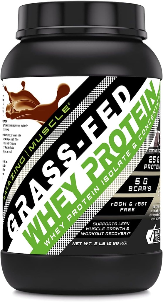 Amazing Muscle Grass-Fed Whey Protein Supplement | 25 G per servering | Informasjonskapsler og krem Flavor | 2 Lb (0,90 Kg) | Ikke-GMO | Glutenfri | laget i USA