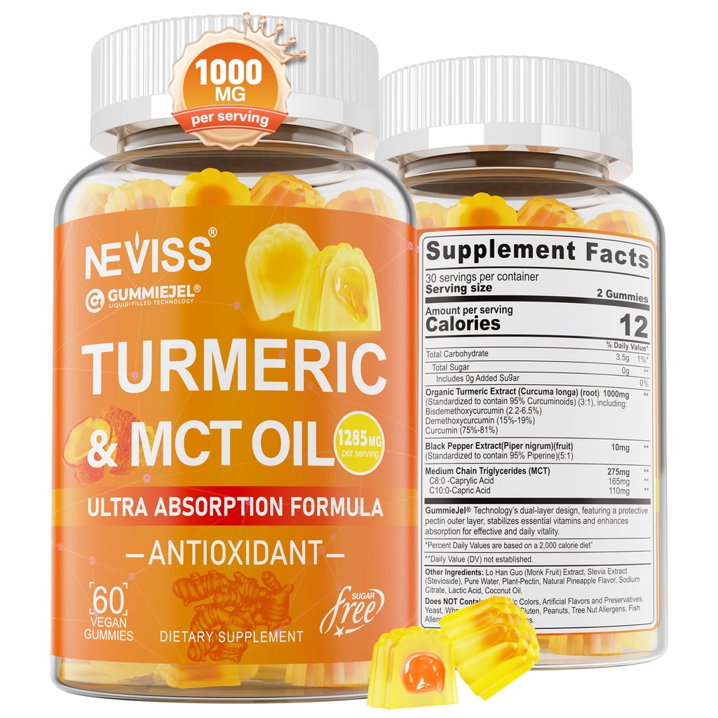 Gummier 1000mg w/MCT olje C8 C10, organisk antioksidant, gurkemeie curcumin Supplement med svart pepper ekstrakt, støtte komfort, økt energi, ultra absorpsjon, sukkerfri, 60 Cts