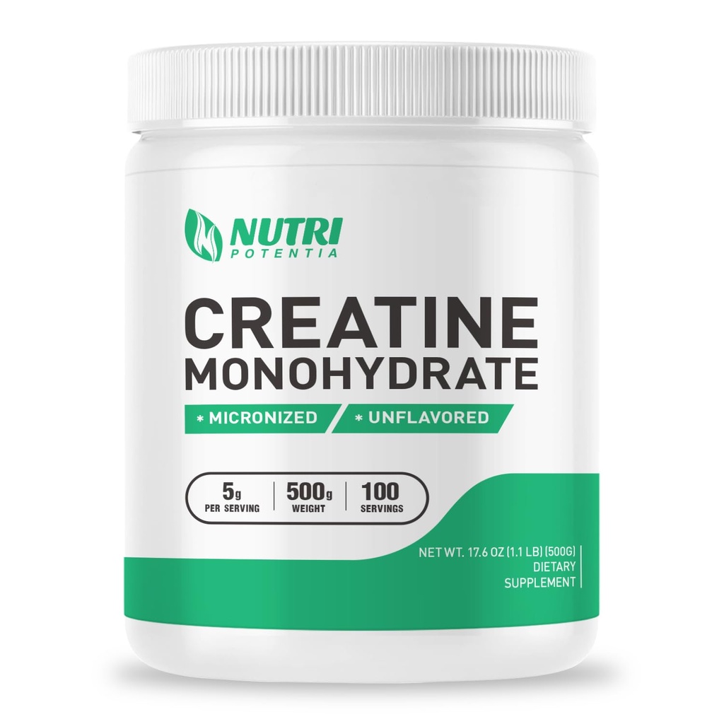 Kreatin Monohydrat pulver 500g, ren mikronisert kreatin kosttilskudd for menn og kvinner å bygge muskler, pre & post trening kosttilskudd, vegansk, uflavorert - 100 serveringer (1,1Lb)