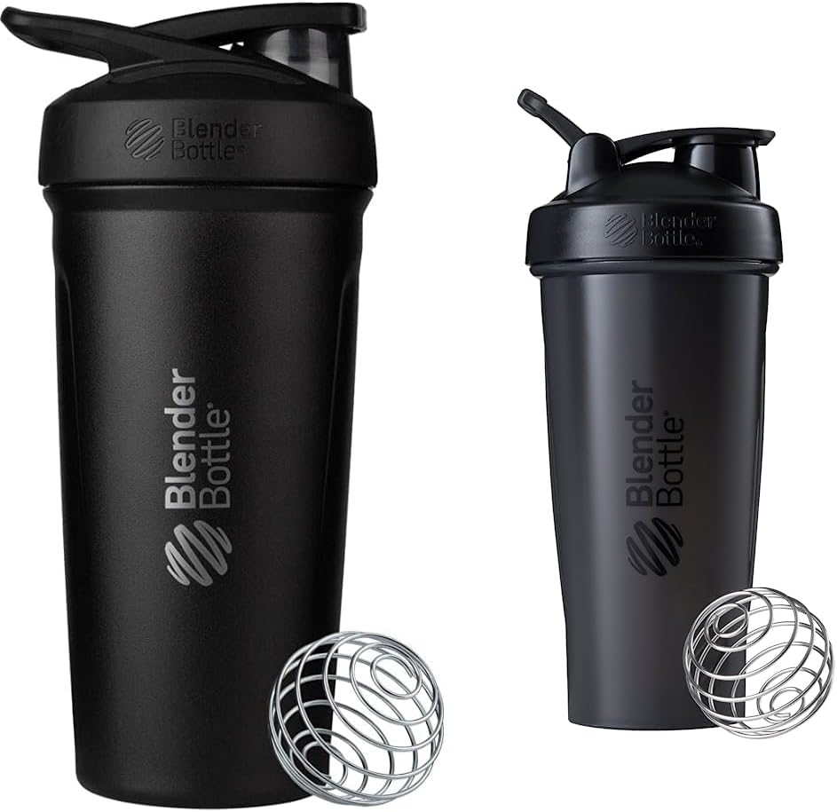 BlenderBottle Strada Shaker Cup Isolert rustfritt stål vannflaske med Wire Whisk, 24-Ounce, svart og klassisk Shaker flaske Perfekt for proteinshake og pre trening, 28-Ounce, svart