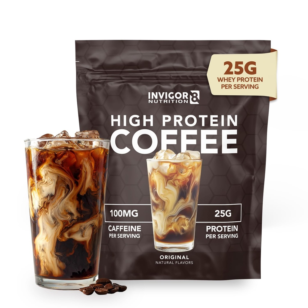 INVIGOR8 høyprotein kaffepulver 25 gram Whey Isolate100mg naturlig grønn te kaffe | 0 tilsatt sukker keto glutenfri 99,9 % Laktose gratis | Hot eller Iced15 servering 15 serveringer (17 OZ, original)