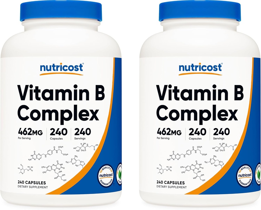 Nutricost høy styrke vitamin B-kompleks 462mg, 240 kapsler (2 flasker) - med vitamin C