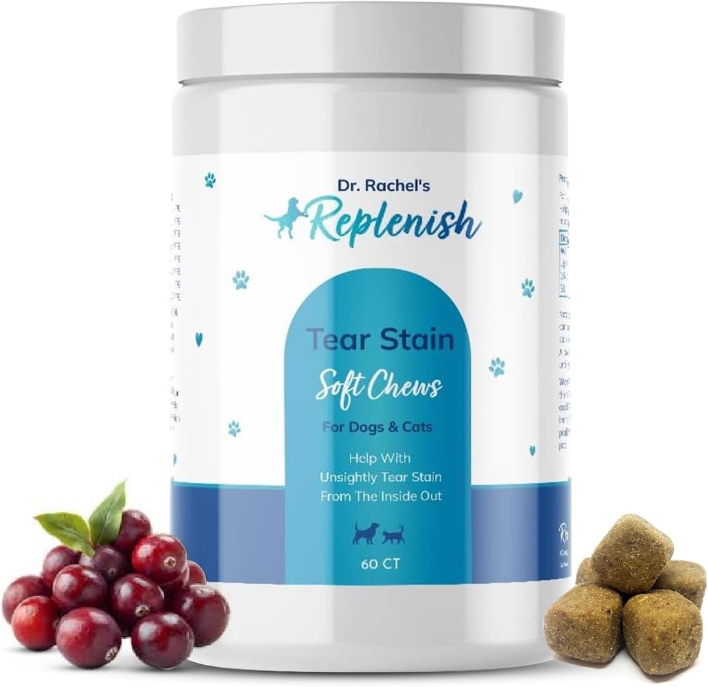 Replenish Tear Stain Chews for hunder og katter - Dr. Rachel's Tear Stain Remover for hunder - Hunde Eye Tear Stain Remover - Tear Stain Supplement for hunder - Natural Tear Stain Soft Chews - 60 Count