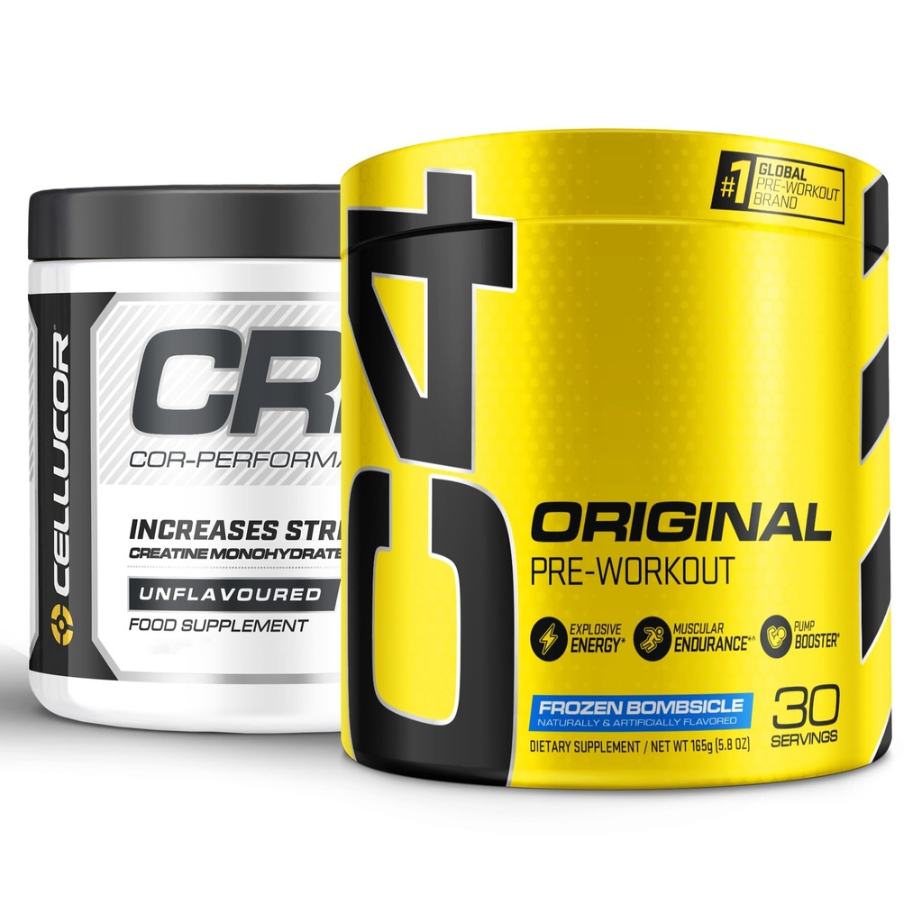 Cellucor Pre Workout & Kreatin Bundle, C4 Original Pre Workout pulver, Frozen Bombsicle, 30 Serveringer + Cor Performance Creatine Powder, 72 Serveringer