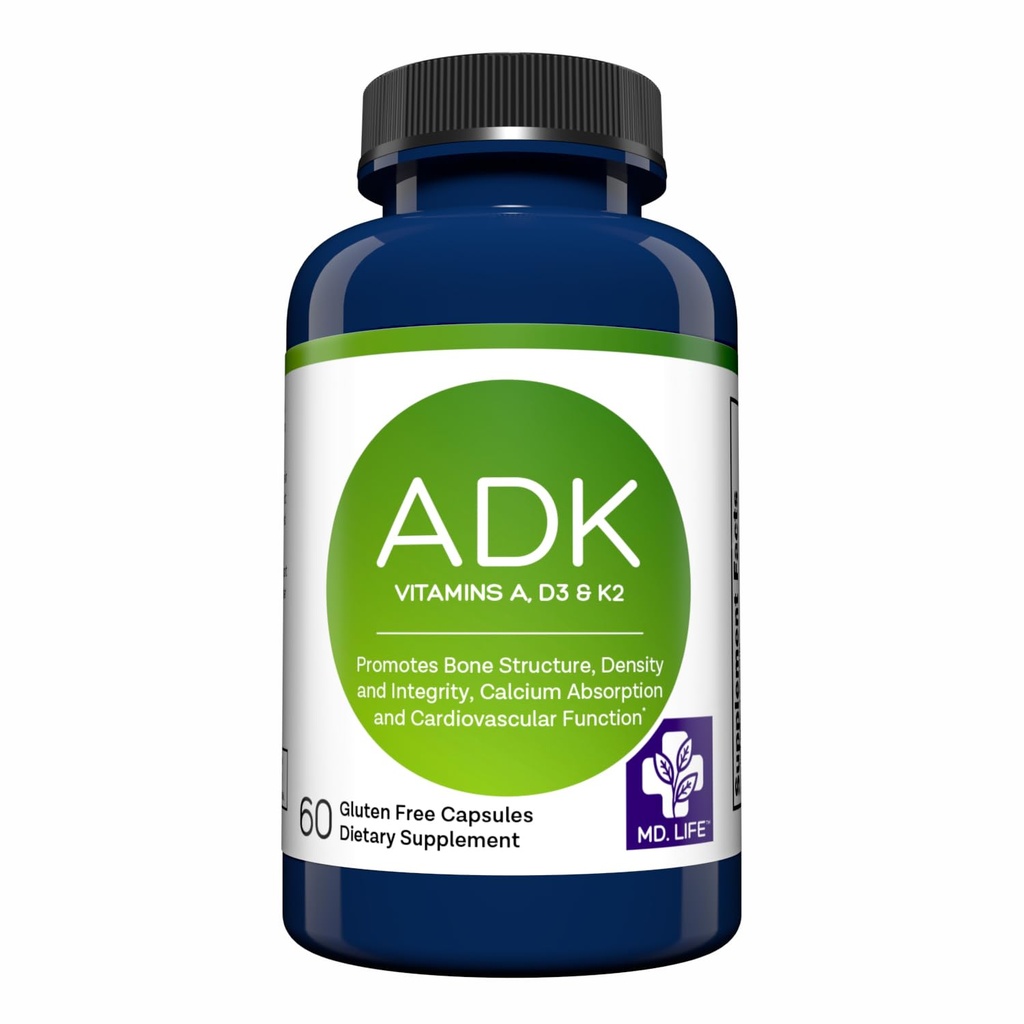 MD.LIFE ADK vitamin Supplement – vitamin D3 K2 og et kompleks – 60 kapsler – høy potens vitamin ADK for bein og hjerte helse støtte