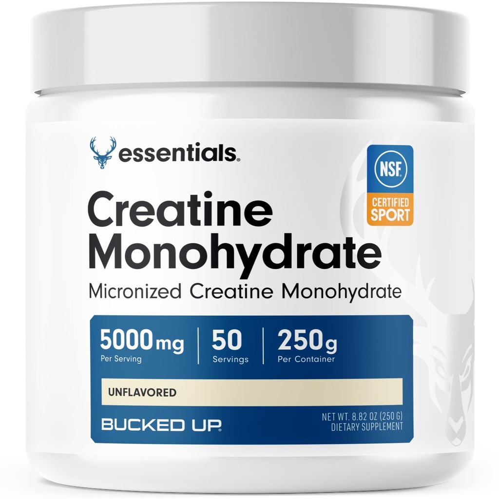 Bucked opp ren mikronisert kreatinmonohydrat for kvinner og menn - lett å blande og uflavorert - 5G Per servering - 50 serveringer - 250 gram per container