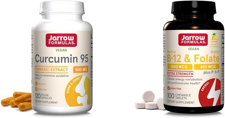 Jarrow Formler Curcumin 95 500mg - Opptil 120 Serveringer (Veggie Caps) & Ekstra styrke Metyl B-12 1000mg & Metyl Folat 400mg + P-5-P