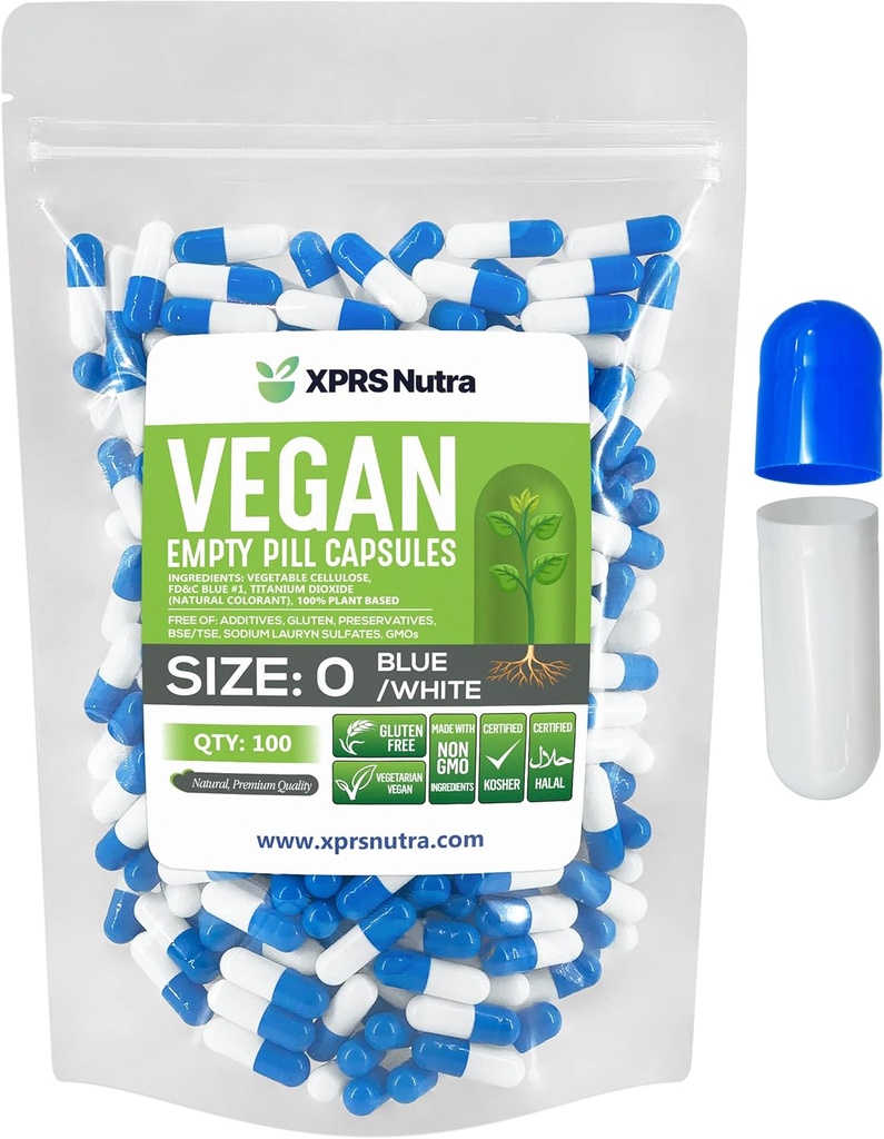 XPRS Nutra Størrelse 0 tomme kapsler - 100 telle tomme veganske kapsler - vegetariske piller - DIY grønnsaker Capsule Fylling - Veggie piller for å gjøre-det-selv Supper (blå/hvite)