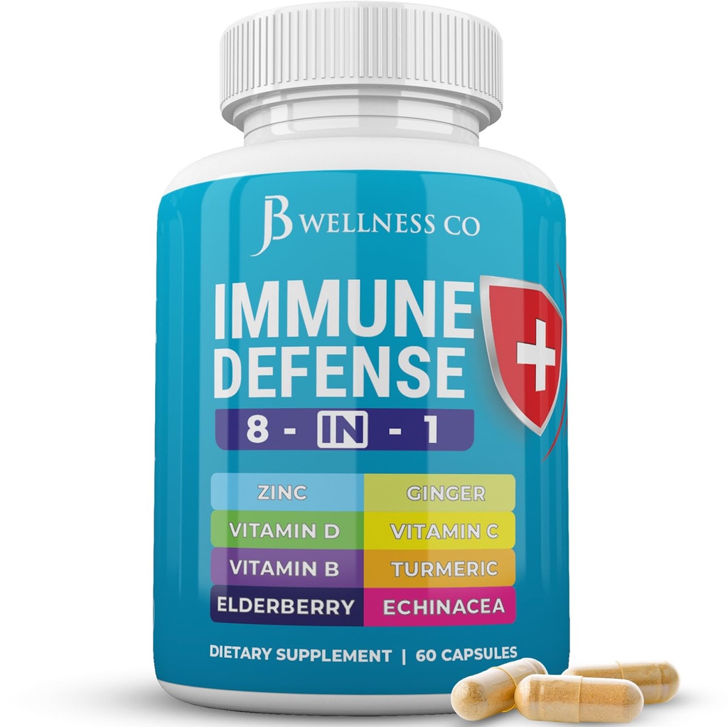 Immunstøtte 8 i 1 kapsler - Sink Supplement, vitamin D3, Vitamin C og eldrebær - Immun Booster Supplement med Echinacea, Ginger Root og gurkemeie