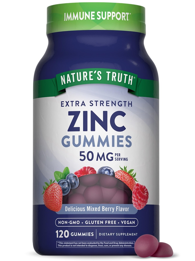 Naturens sannhet sink gummier for voksne | 50 mg | 120 greve | Vegansk, ikke-GMO & glutenfri kosttilskudd | Blandet Berry Flavor