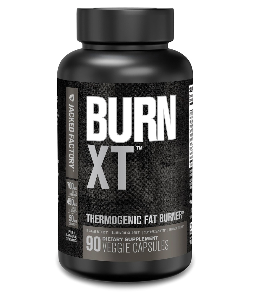 Jakket Factory Burn XT Svart termogene fettforbrenner - Vekttap Supplement, Appetitt Supresant, Nootropisk energi Booster | TeaCrine, Acetyl L-karnitin, Grønn Te Ekstrakt - 90 Veg Diett piller