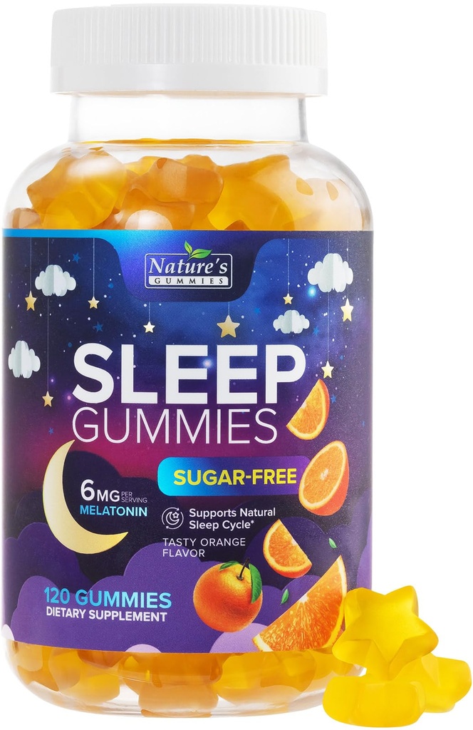 Sleep Gummi 6mg Per Serving - Sukkerfri Melatonin Gummy Supplement for voksne - Naturlig null sukker sovende gummy for voksne og barn, Orange Flavored, Extra styrke sovestøtte - 120 gummier