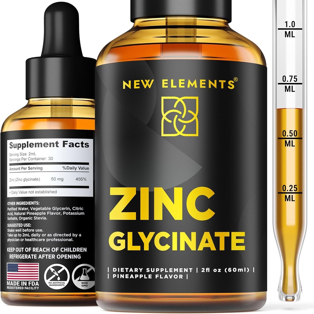Sink Kosttilskudd 50 mg  Liquid Væske Sink Supplement | Zink Glycinate Drops for voksne | Støtter immun helse | Metabolisme | Hudpleie Supplement | Ikke-GMO | Vegansk | Glutenfri