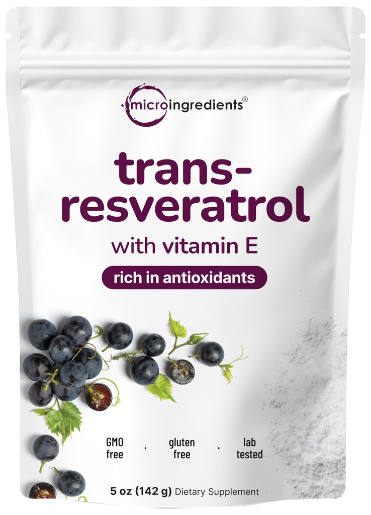 Rent trans-Resveratrol pulver med vitamin E, 5 Ounce, 2 i 1 formel, mikronisert pulver for bedre absorpsjon, Premium Resveratrol Supplement, Super Antioksidant