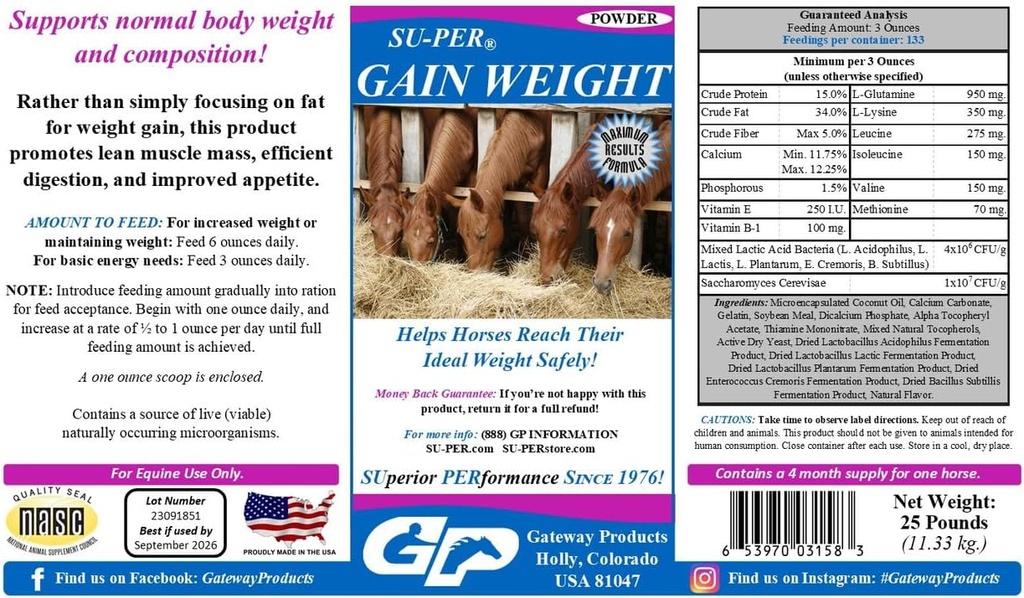 SU-PER-gevinstvekt for hester - Equine Supplement Vektvinner for hester - fremmer lean muskelmasse, digestion og aptit - 25 pund, 4 måneders forsyning