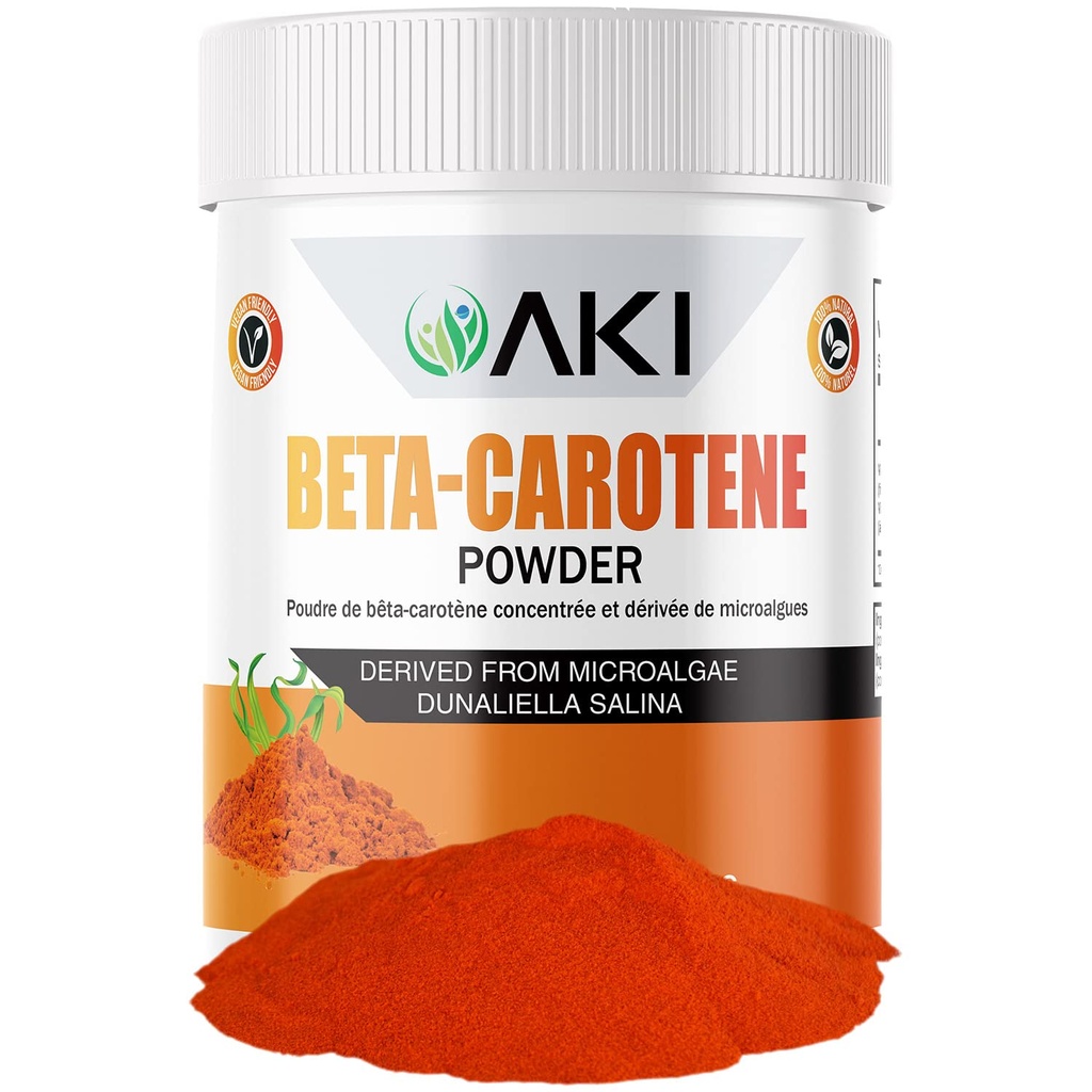 AKI Beta Caroten 10% pulver (1.5oz/42.52g) Høyt konsentrert aroma Fount av vitamin A, kan bidra til å støtte kroppsfunksjoner, hud, immunsystem og øye - GMO Gratis & Vegansk Vennlig