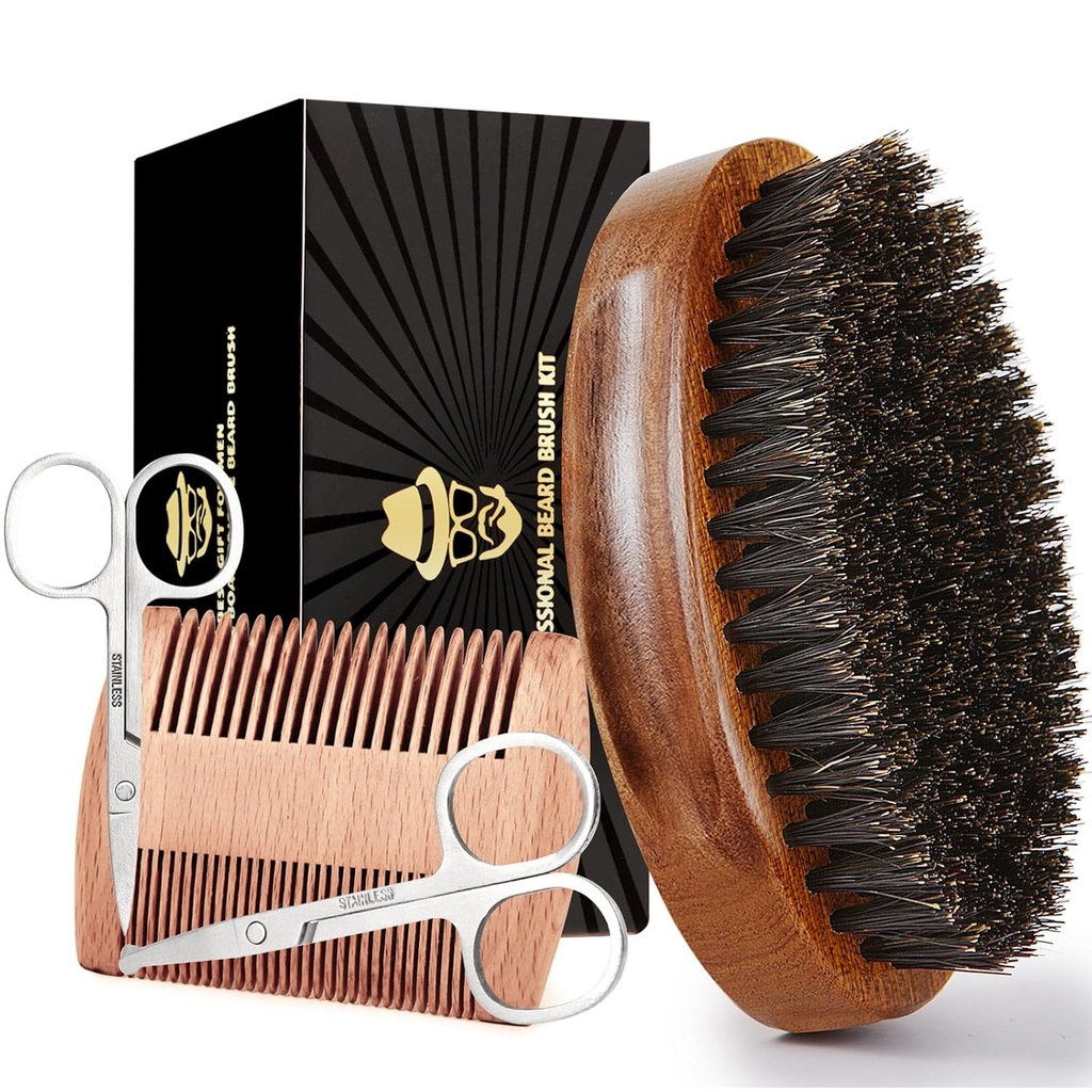 Sosoon Skjeggbørste for menn, 100% ren boar brudebjørn børste, beared Grooming sett inkludert beard Comb, 2 stk Mustache Scissors og reiseveske