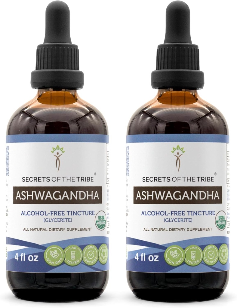 Askwagandha Tinktur alkoholfri ekstrakt, USDA Organic Ashwagandha withania Somnifera Anti-stress og avslapping 2x4 OZ