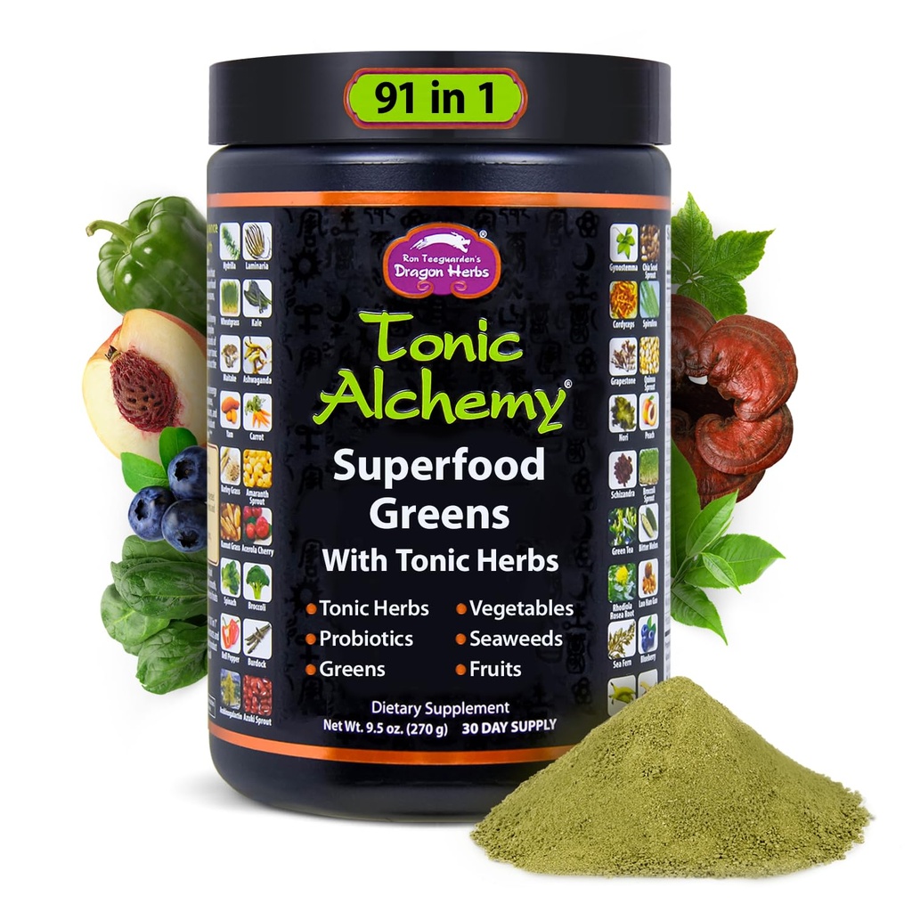 Dragon Urter Tonic Alchemy Superfood Grønn pulver med 91 ingredienser: Tonic Herbs, Ashwagandha, Mushrooms, Probiotika, Super Greens, Seaweeds, Frukter, Grønnsaker, Spirulina - 30 Servings