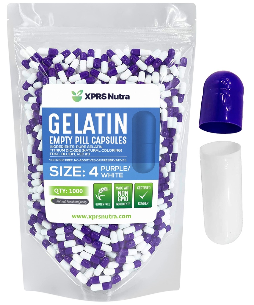 XPRS Nutra Størrelse 4 tomme kapsler - 100 telle små tomme gelatinkapsler - piller DIY Capsule Fylling - fyllelig ren bovine piller gele Caps for å gjøre-det-sjølv kosttilskudd (Purple/White)