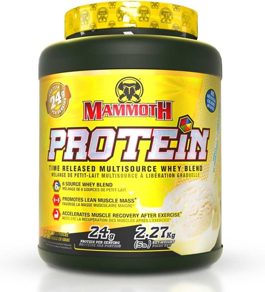 MAMOTH PROTEIN POWDER, HØY PROTEIN SHAKE, SUPERIOR TIME-RELEASE FORMULA, WHEY PROTEIN-KONCENTRATE & ISOLATE, HYDROLYZED WHEY & MILK PROTEIN ISOLATE, INNEHEL, 6 BIOAVAILABLE DADEIN PROTEIN SERVICE, LOW SUGAR, Vanila, 5 LB